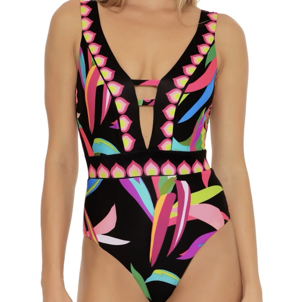 Trina Turk Size 6 Birds of Paradise Plunge One Piece Lined Padded Swimsuit